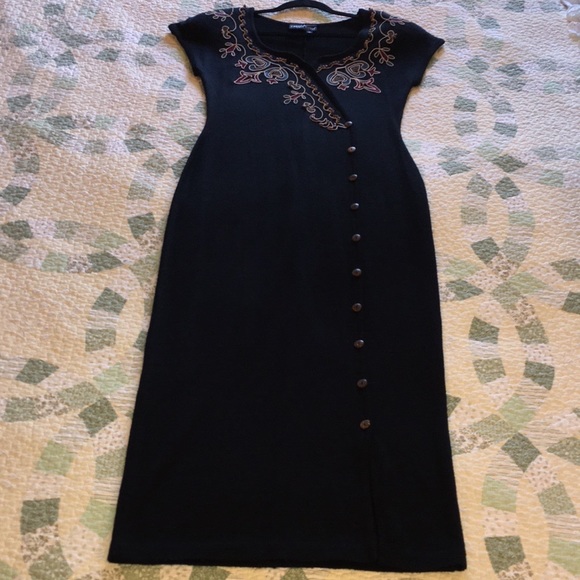 M  Long Black Dress Cap-Sleeve,Intricate Beading and Appliqué by Carole Little - Picture 1 of 14